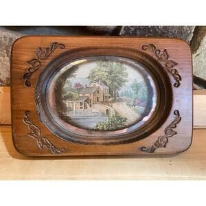 Vintage Framed Mirror Reflective Art Picture. House River Scenery.